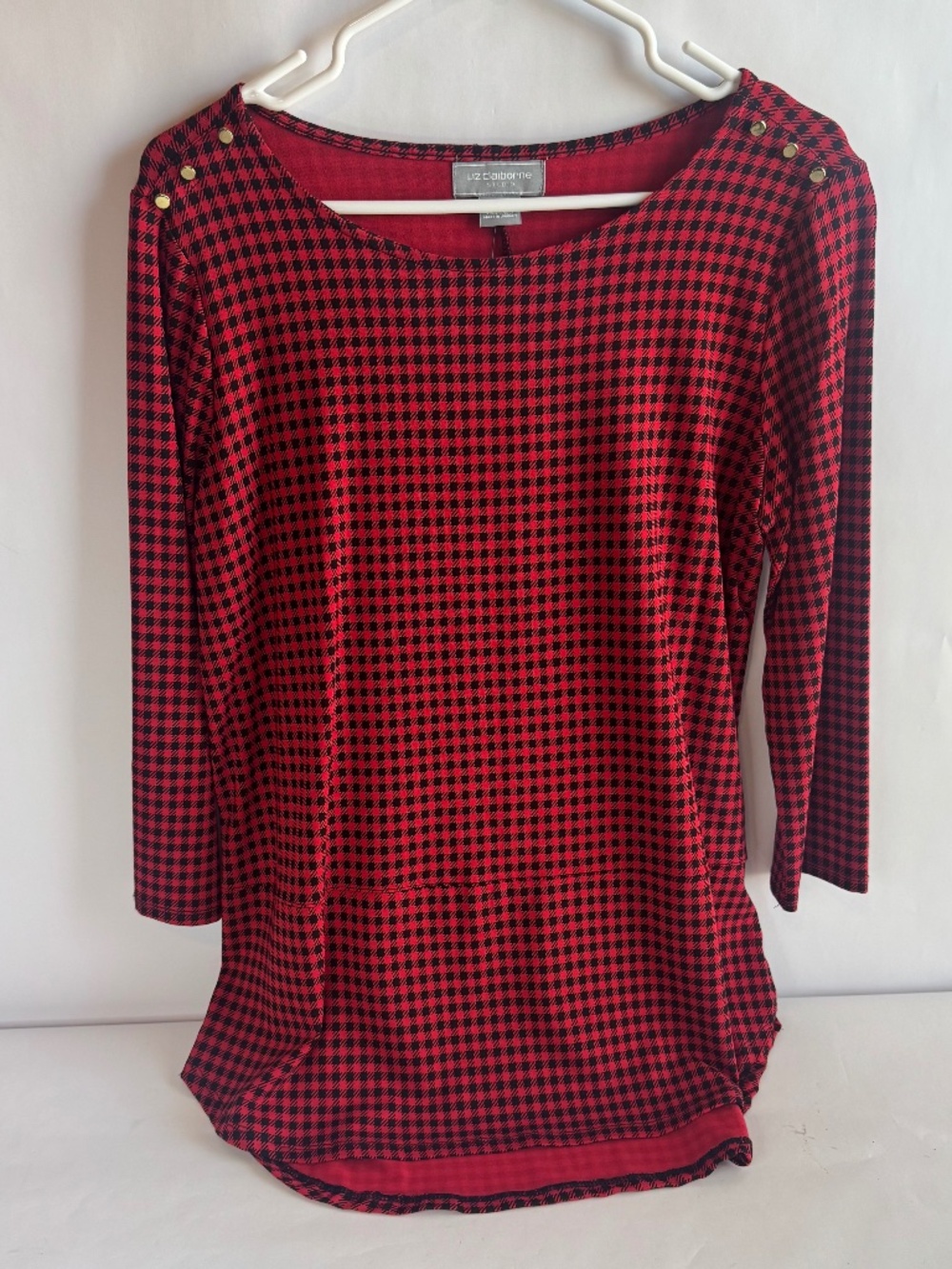 Liz Claiborne Studio Women’s Small Red & Black Check Tunic Top 3/4 Sleeve NEW
